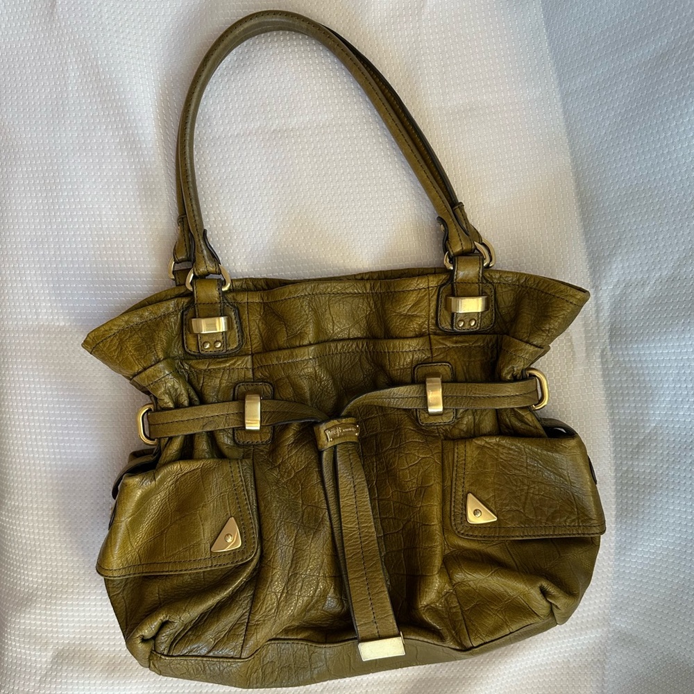 B. Makowsky Green Pebbled Leather Satchel Bag Gold Brush Hardware EUC Purse